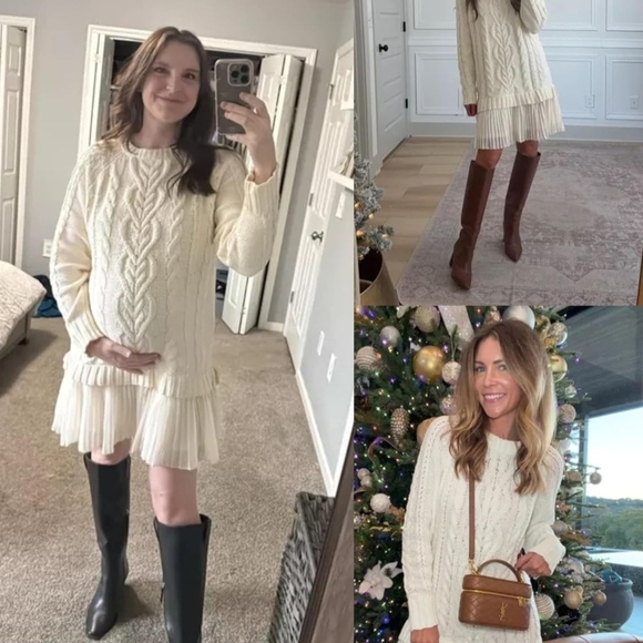 Chic Long Sleeve Cable Knit Mini Sweater Dress With A Sheer Flowy Pleated Bottom - Picture 11 of 16